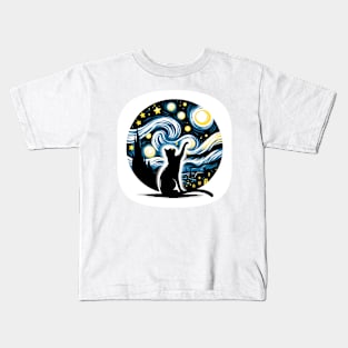 Starry Night Sky Black Cat Silhouette, Van Gogh, Artistic Kids T-Shirt